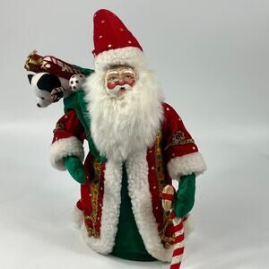 Vtg Santa Claus Tree Topper 14" Painted Face Plush Sack Candy Cane Handmade